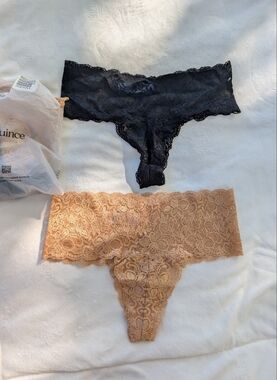 NEW Quince Stretch Lace Thong Panty 6-pack Black & Nude Size Large